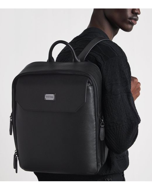 Emporio Armani Black Leather Backpack for men