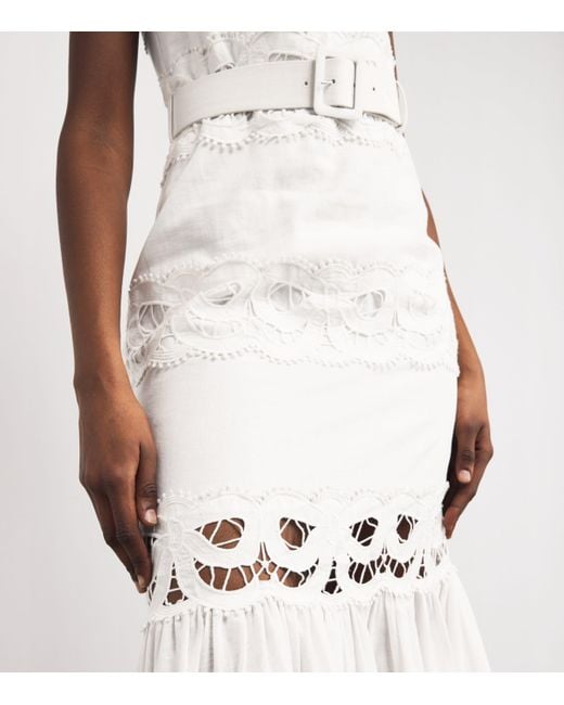 knee length dresses for ladies Self-Portrait - White Linen Lace Insert Midi Dress