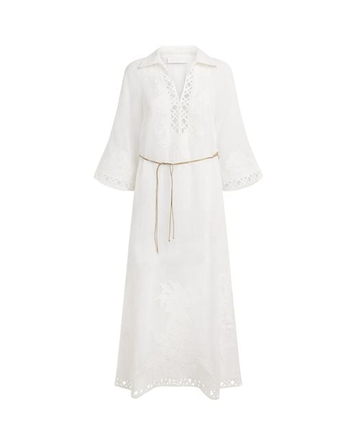 Zimmermann White Ramie Embroidered Indra Midi Dress