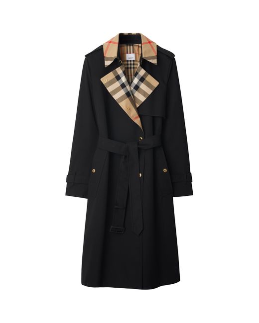 Burberry Black Gabardine Check-Collar Long Trench Coat