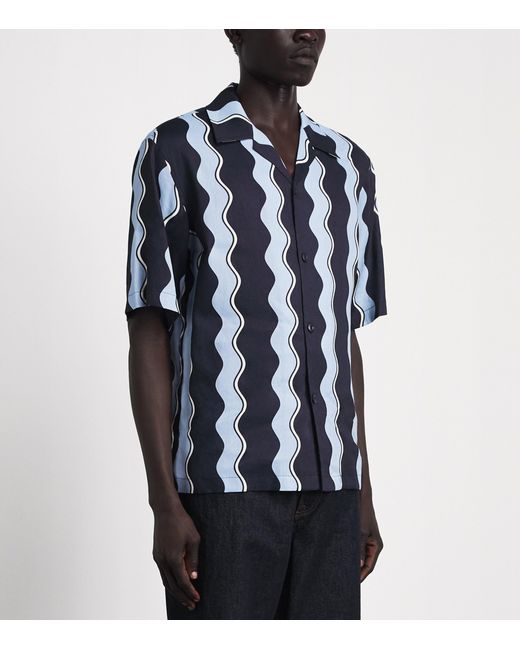 Sandro Blue Linen-Blend Waves Print Shirt for men