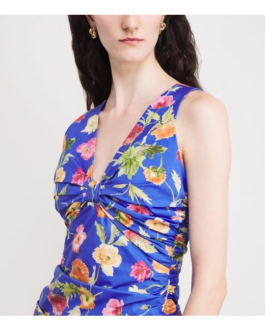 Carolina Herrera Blue Poppy Print Sleeveless Midi Dress