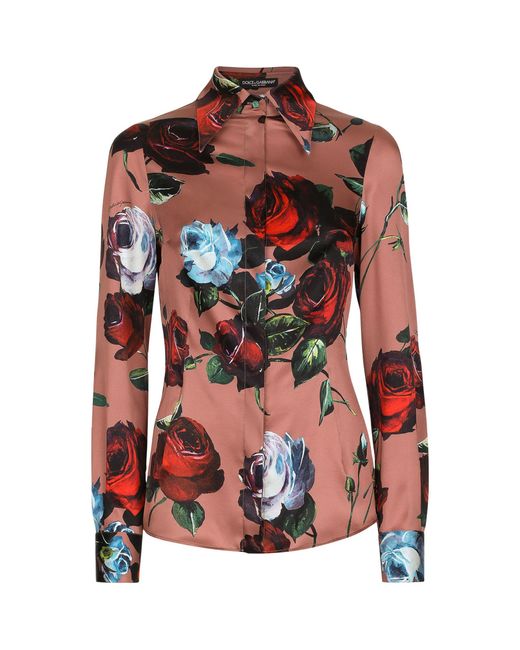 Dolce & Gabbana Red Stretch-silk Floral Shirt