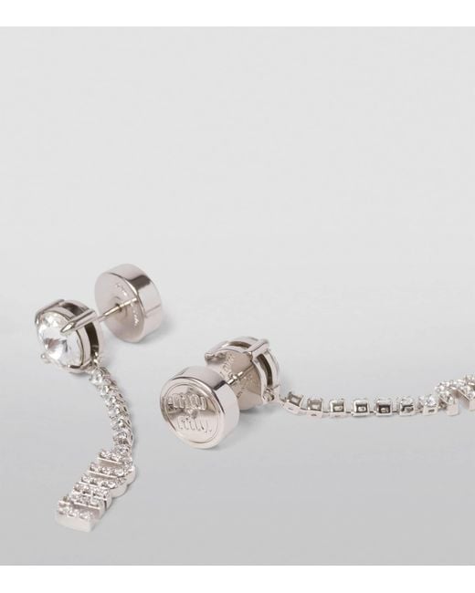 Miu Miu White Crystal-Embellished Logo Drop Earrings