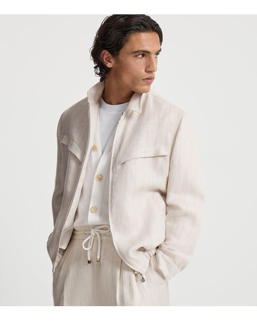 Brunello Cucinelli White Linen Pinstripe Bomber Jacket for men