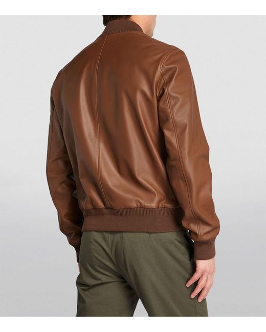 Canali Brown Leather Reversible Bomber Jacket for men