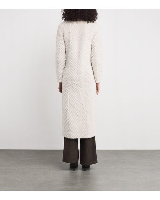 Yves Salomon White Mink-Wool Herringbone Long Coat