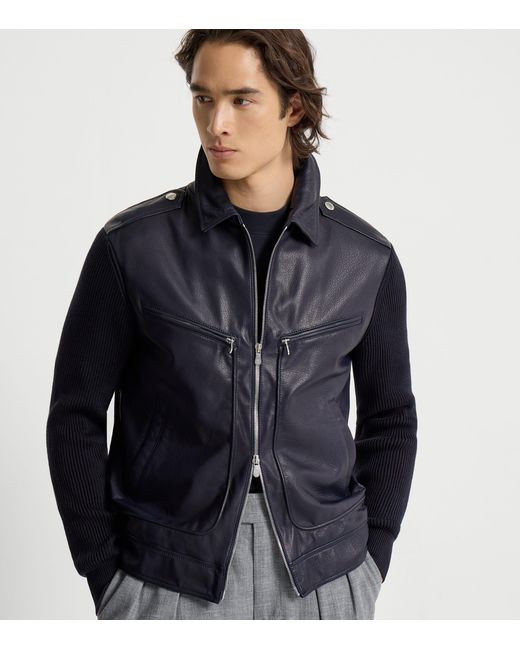 Brunello Cucinelli Blue Knitted Leather Jacket for men