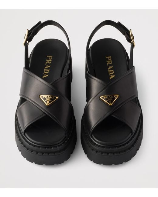 Prada Black Leather Crossover Platform Sandals 55
