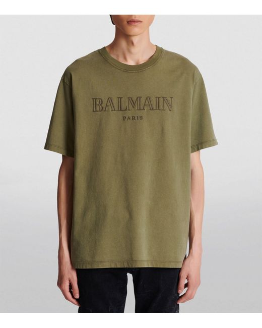 Balmain Green Embroidered Logo T-shirt for men
