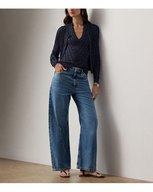 Ralph Lauren Blue Cable-Knit Silk Cropped Cardigan