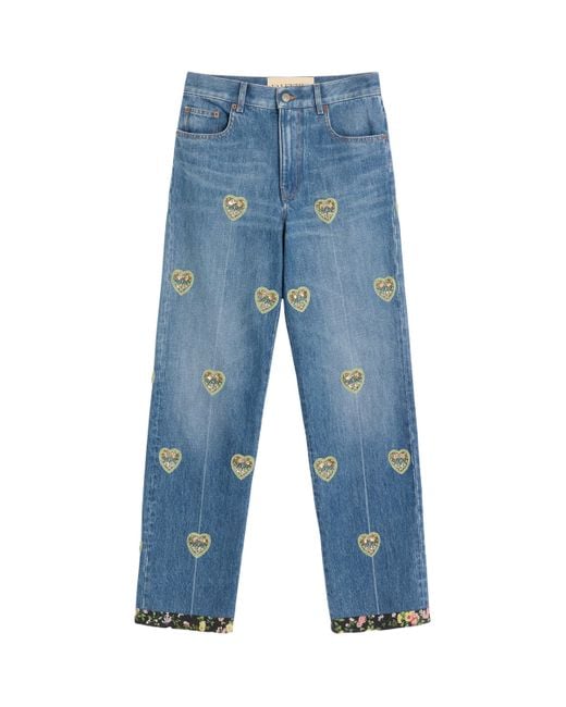 Valentino Blue Straight Embroidered-Detail Jeans