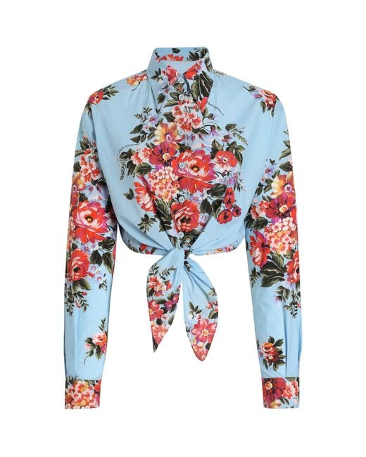Dolce & Gabbana Blue Cotton Floral Print Shirt