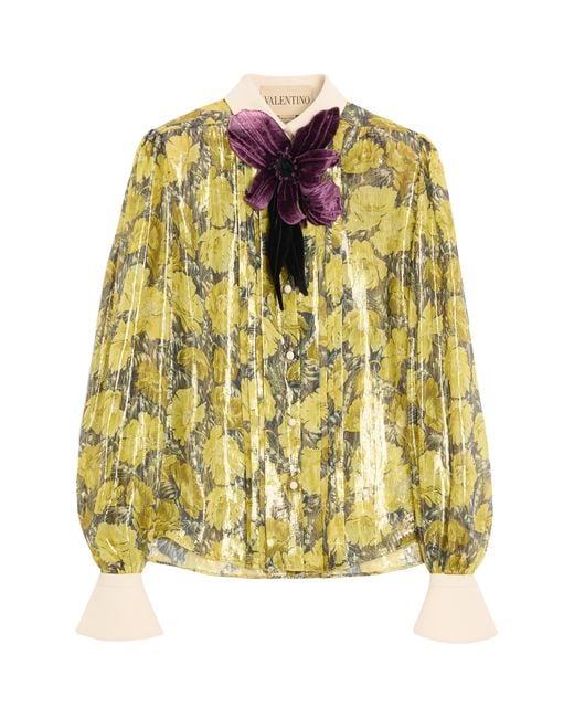 Valentino Yellow Embroidered Poppy Print Blouse