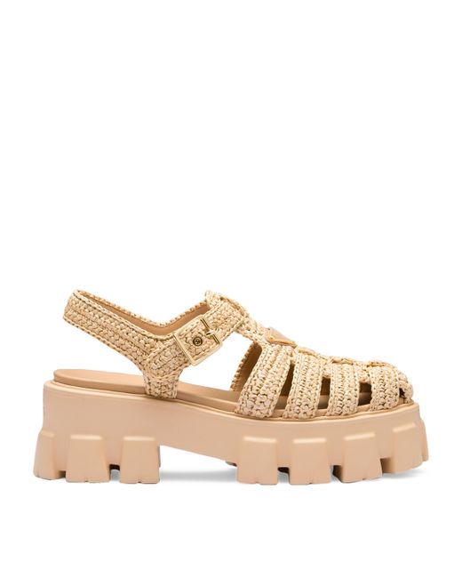 Prada Natural Monolith Logo-Plaque Chunky-Sole Caged Crochet Sandals