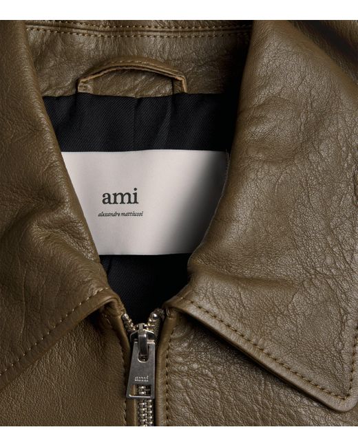 AMI Green Leather Collar Bomber Jacket for men