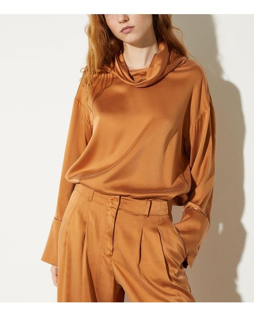 MAX&Co. Brown Stretch-Silk Cowl-Neck Blouse