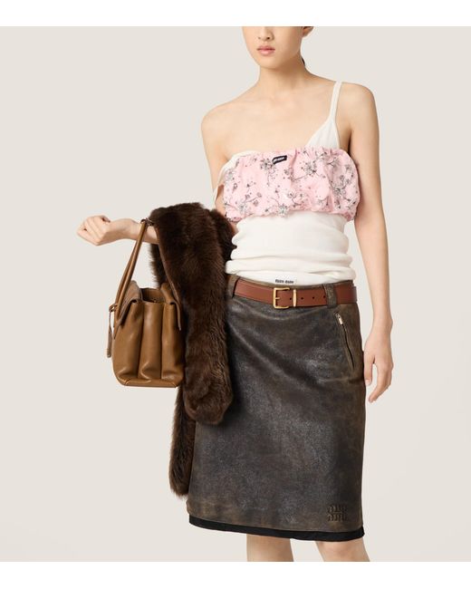 Miu Miu Black Distressed Leather Midi Skirt