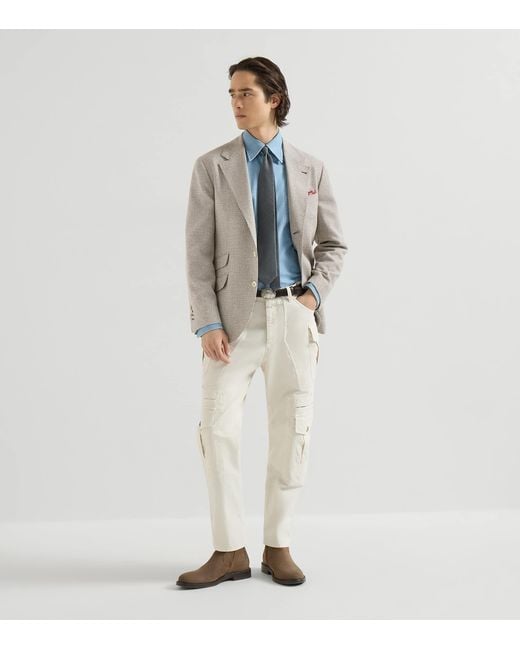 Brunello Cucinelli Brown Wool-Silk Houndstooth Deconstructed Cavallo Blazer for men