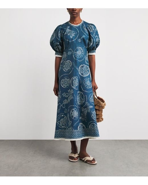 ALÉMAIS Blue Linen Printed Lucky Midi Dress