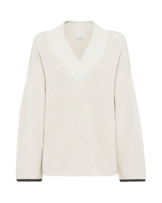 Brunello Cucinelli White Cotton English Rib Sweater