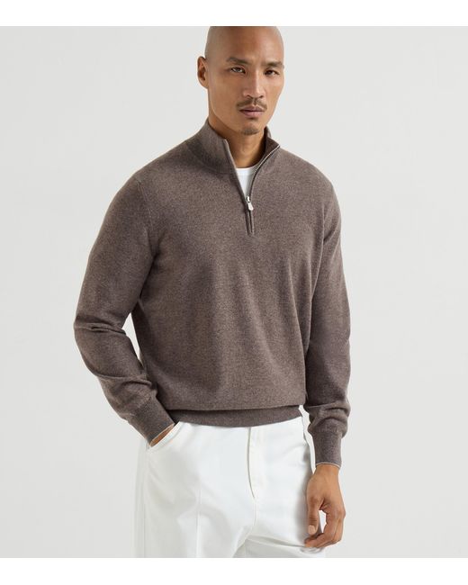 Brunello Cucinelli Brown Cashmere Half-Zip Sweater for men