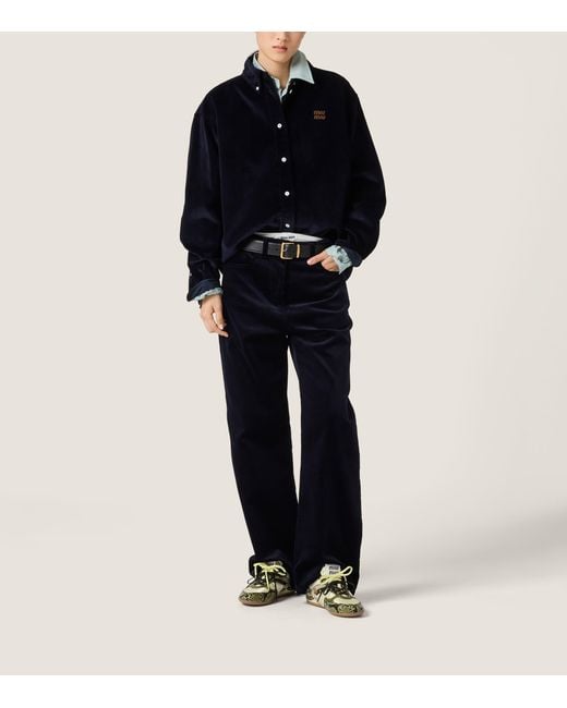 Miu Miu Blue Corduroy Suede-Trim Shirt
