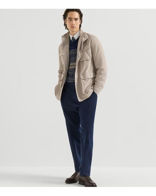 Brunello Cucinelli Blue Cotton Chevron Double-Pleated Trousers