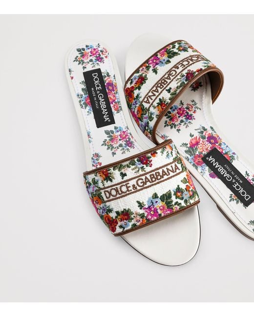 Dolce & Gabbana White Leather Embroidered Floral Slides
