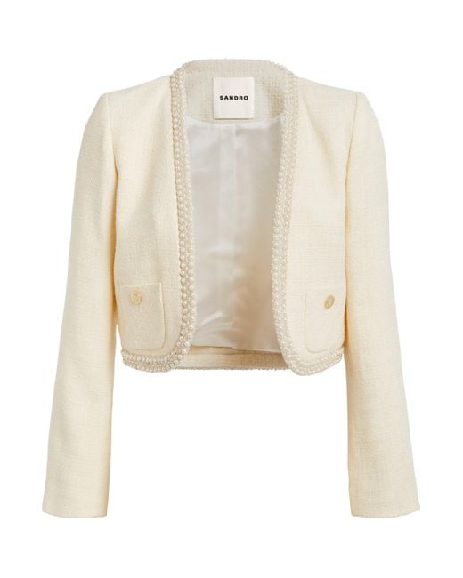 Sandro White Tweed Beaded Cropped Jacket