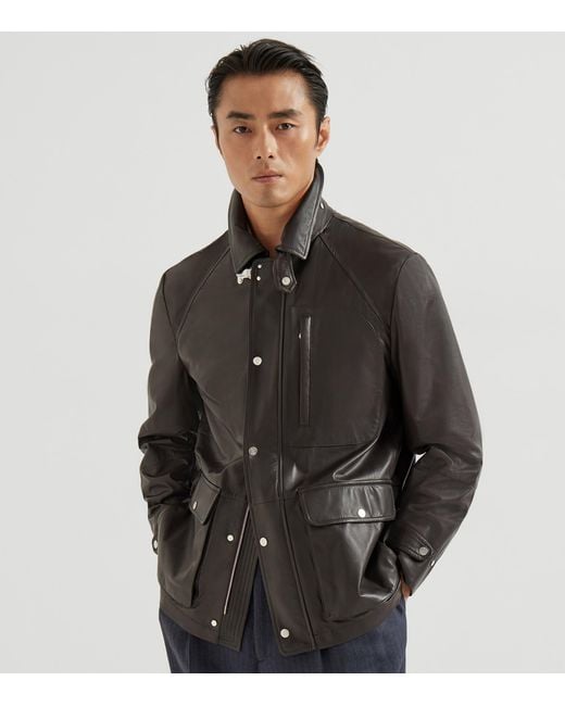 Brunello Cucinelli Black Leather Field Jacket for men
