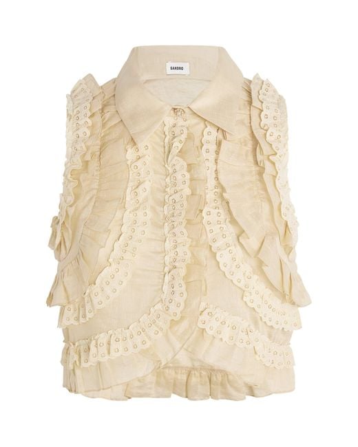 Sandro Natural Linen-Blend Ruffled Blouse