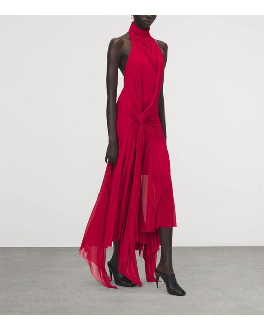 McQueen Red Asymmetric Draped Maxi Dress
