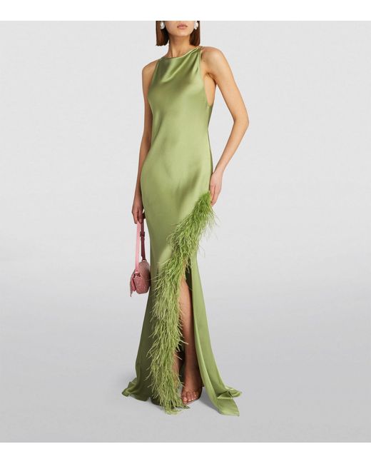 LAPOINTE Green Satin Feather-trim Gown