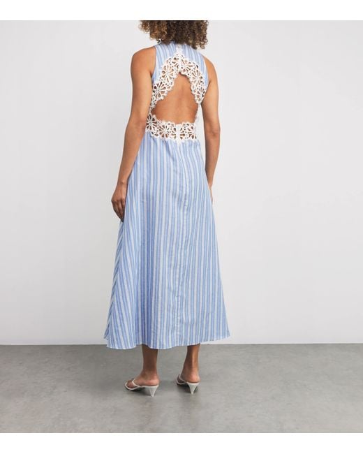 Sandro Blue Cotton-Linen Lace-Trim Midi Dress