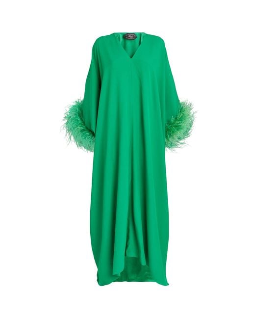 ‎Taller Marmo Green Feather-trim Kaftan Dress