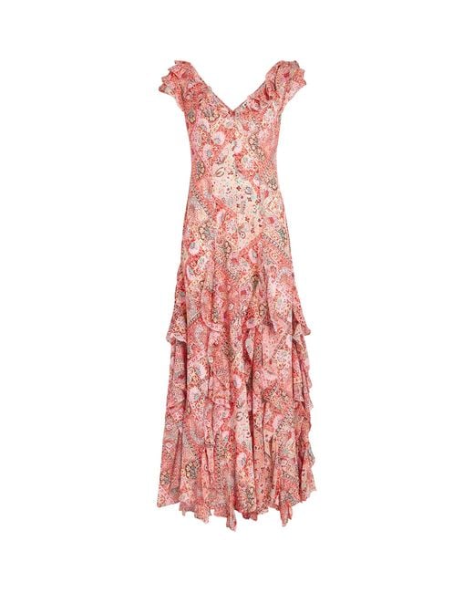 Rixo Pink Silk Printed Ambika Maxi Dress