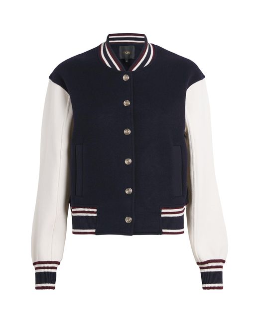 Maje Blue Wool Stripe-Trim Bomber Jacket