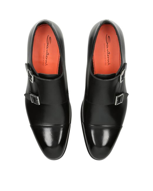 Santoni Men's Black Leather Carter Double Monk Shoes