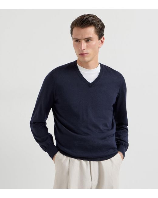 Brunello Cucinelli Blue Cashmere-Silk V-Neck Sweater for men