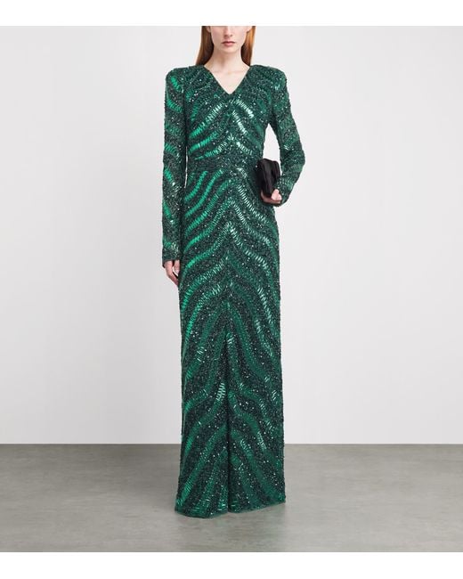 Raishma Green Embellished V-Neck Eliana Gown