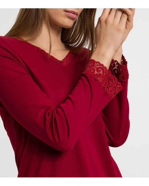 Hanro Red Cotton Lace-Trim Pyjama Set