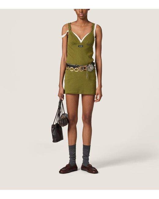 Miu Miu Green Cotton Lace-Trim Mini Dress