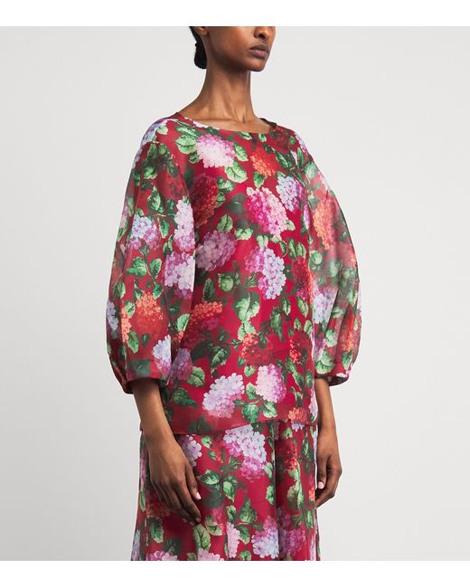 Carolina Herrera Red Silk Floral Puff-Sleeve Blouse