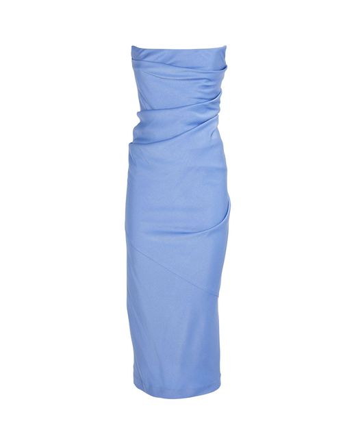 Alex Perry Blue Satin Crepe Draped Strapless Midi Dress