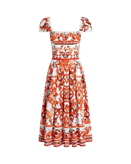 Dolce & Gabbana Red Cotton Majolica Print Midi Dress