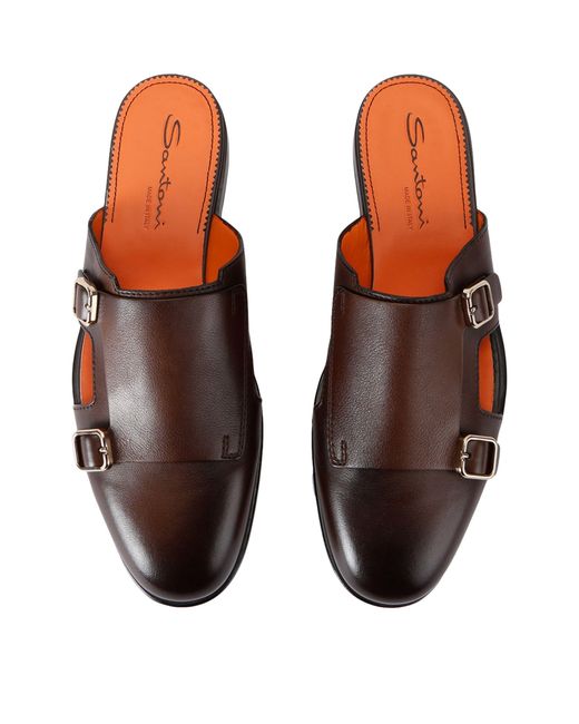 Santoni Brown Leather Monk Slippers for men