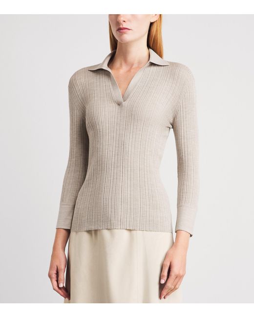 Agnona Natural Cashmere-Wool-Silk Open-Collar Polo Sweater