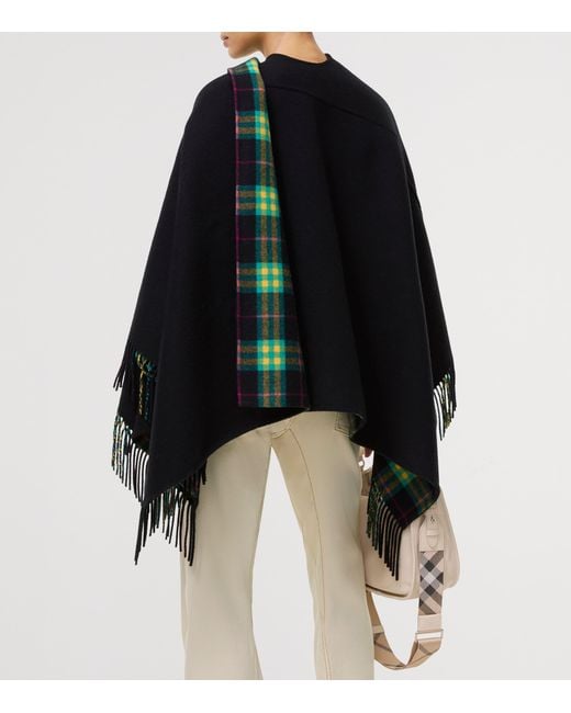 Burberry Black Wool Fringe Blanket Cape
