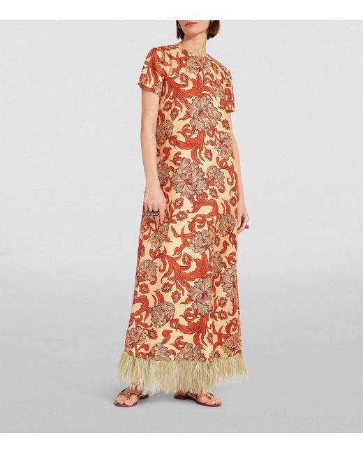 LaDoubleJ Red Silk Feather-trim Maxi Dress